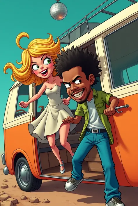 Humorous cartoon of a blonde woman in a dress and a black man with short hair walking out the window of a van