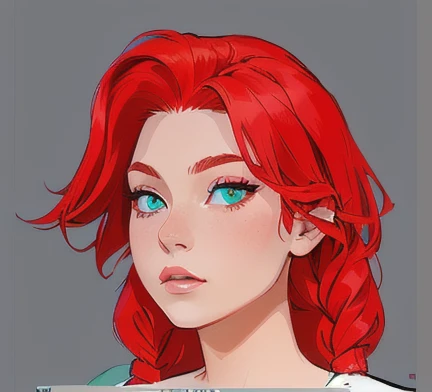 a cartoon drawing of a woman with red hair and blue eyes, red hair girl, crimson red hair and red eyes, red haired girl, red wig, she has red braided hair, ((red)) baggy eyes, with red braided hair, with red hair and green eyes, digitally draw on wacom tab...