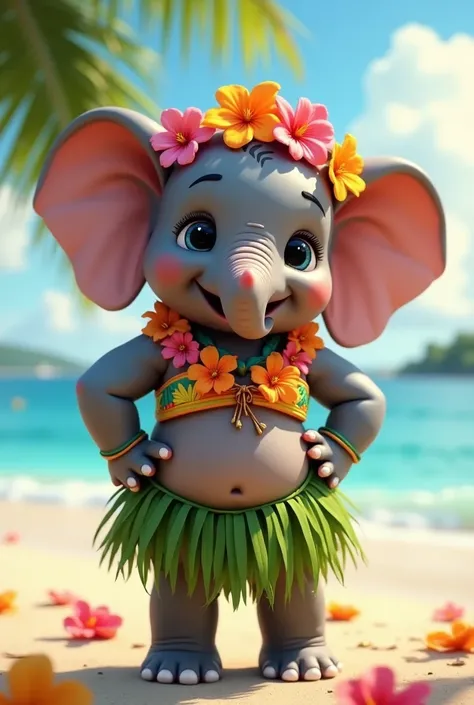 photorealistic portrait of Dressed animals - a ((fat)) [chibi](baby elephant) hula dancer,(art by Giuseppe Arcimboldo),(happy smile:1.2),(), high quality,(lovely) 8hands on hips),, ((female hula dance costume)) ,highly detailed flower decorations, wearing ...