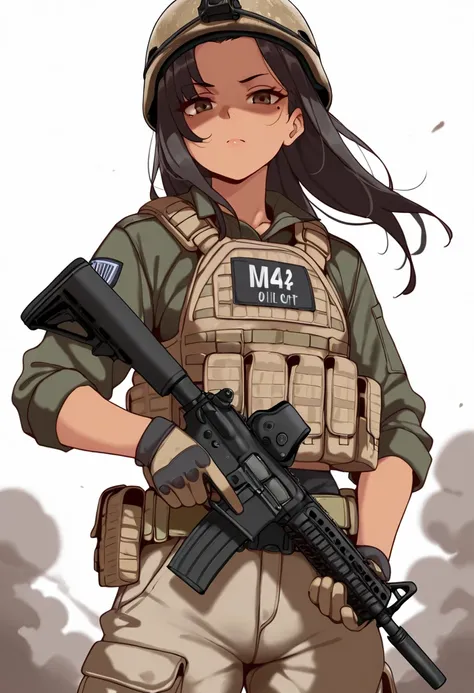 by todding, 1girl, solo, black hair, curtained hair, forehead, long hair, dark brown eyes, mole under right eye, single mole, tan, young girl, petite, tactical clothes, cargo pants, bulletproof vest, combat helmet, googles, gloves, military operator, utili...