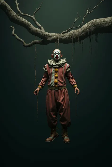 Image of a clown hanging from the branch of a tree with his tongue sticking out and bulging eyes 