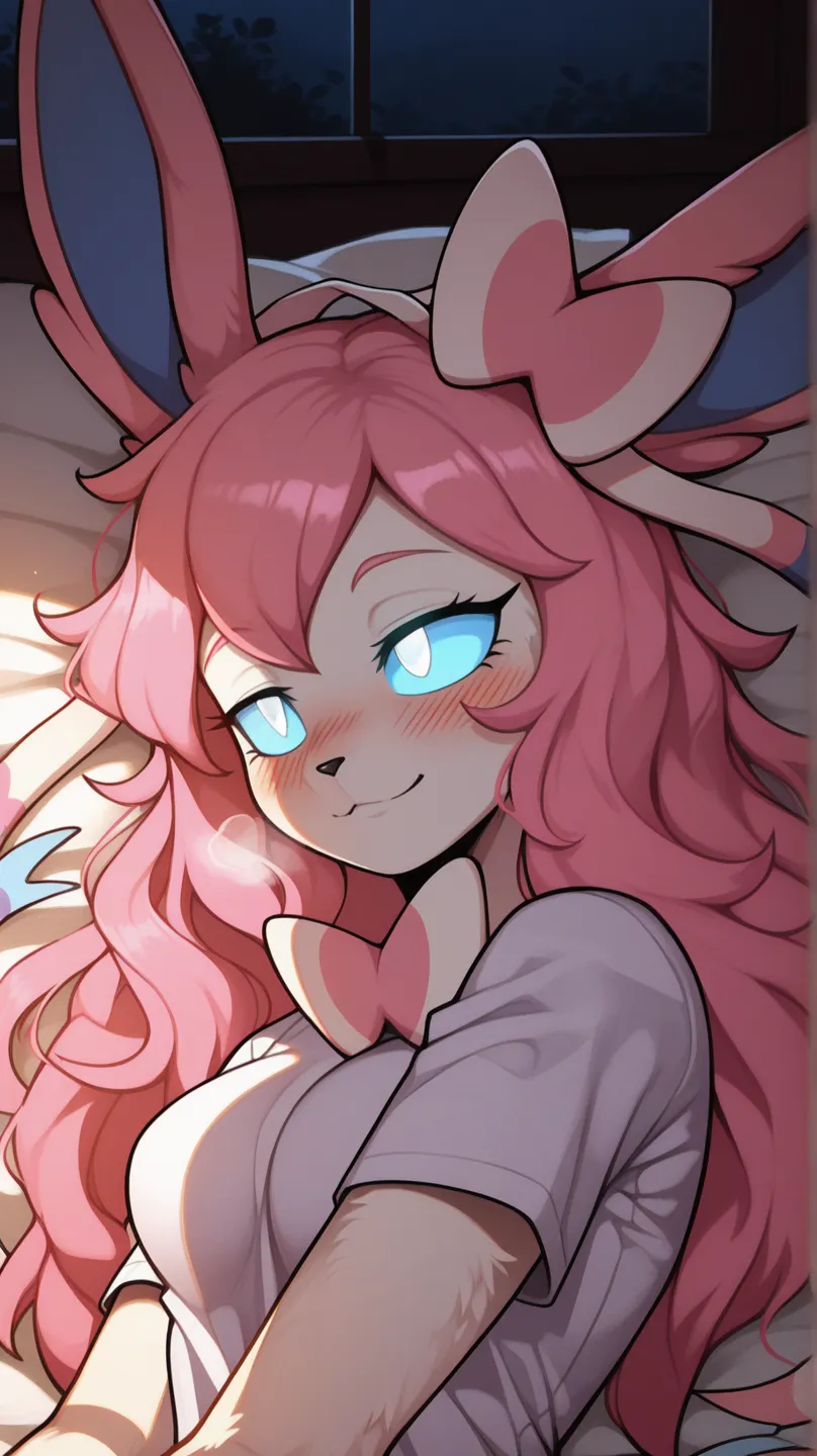 Comforting expression, comforting, loving expression, love, she loves you 1girl, anthro, furry, fur, fluffy fur, fluffy big fluffy pink tail, sylveon girl, pink hair, medium/long hair, soft/messy hair, (19 years), white eyes, blue sclera, glowing eyes, fai...