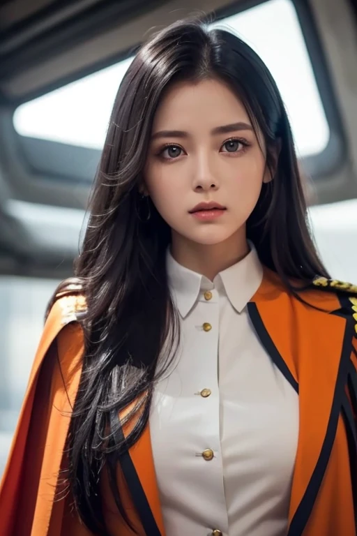  white girl with long black hair is wearing a military uniform,  Orange Cape , Big hazel eyes,  Science Fiction , Dark mood, 