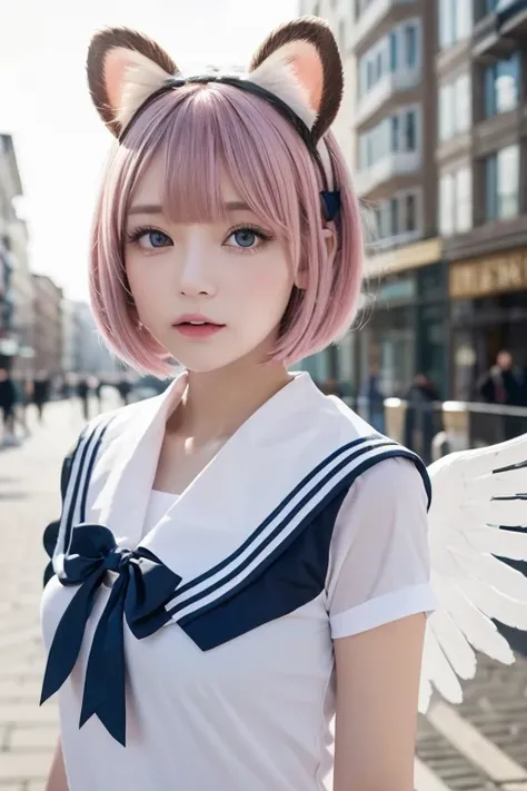  ski style,  One Girl , Alone,  pink hair,  animal ears ,  blue eyes, Wings,  looking , bangs,  short hair, bow,  sailor color , white  sailor color , hair bow, pink bow,  Closed Her Mouth ,  shirt, white  shirt, bear ears,  bob cut, Mini Wing,  portrait, ...