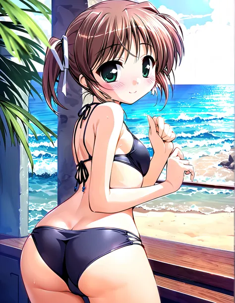 Asagiri Mai, Alone, (cowboy shot), brown hair, short hair,  hair ribbon, twintails,  green eyes,  Tiny Breasts , cleavage, Cute ass, ( black bikini), (Red cheeks:1.2), (shy:1.1), (bright smile:1.1), (sea),  score_9,  score_8_superior,  score_7_superior,  s...