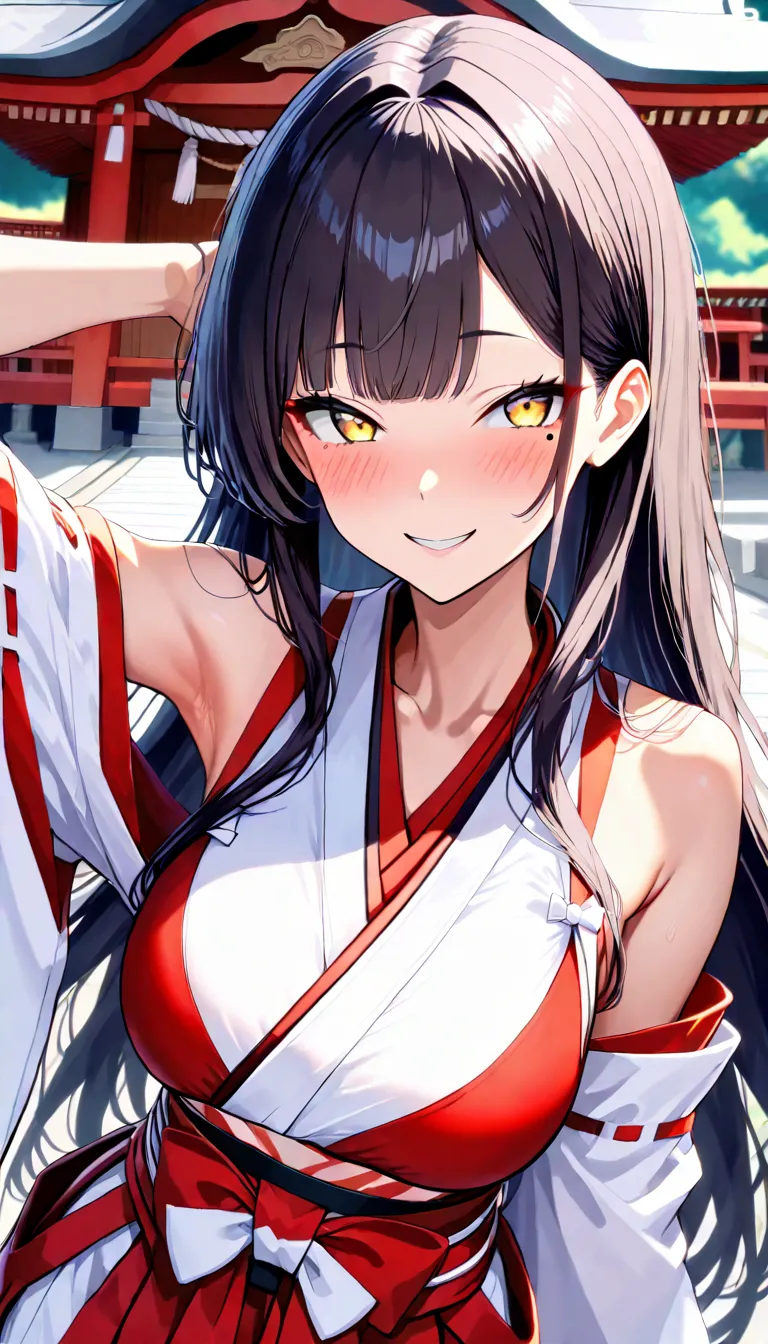  beautiful eyes with attention to detail ,  beautiful detailed lips  ,  highly detailed faces,(Shrine Maiden Costume),( top quality, 8k,  masterpiece:1.3, beautiful girl), growing skin,((( long hair, long hair, beautiful hair, black hair:1.2))),( perfect a...