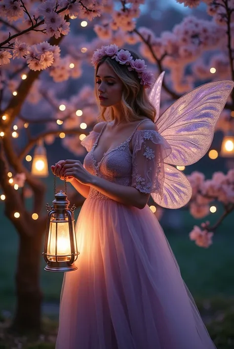 ,A whimsical  ethereal scene featuring a fairy-like figure standing amidst a blooming cherry blossom tree at night. The figure is dressed in a flowing, lavender-colored gown with intricate lace detailing on the bodice and sleeves. She holds a vintage-style...