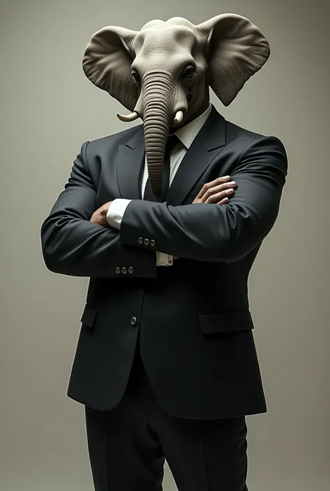  An anthropomorphic elephant with a muscular and defined body ,  wearing an elegant and well-fitting suit . The suit is dark,  with sophisticated details , and the matching tie .  The elephant has an imposing and confident posture ,  with crossed arms and ...