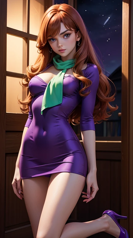   Daphne Blake with Scooby Doo ,  beautiful woman, delicate and sexy,  young,  gingerbread hair ,  purple eyes, purple mini dress,  green scarf ,  slim body,  Small and beautiful breasts ,  small and beautiful buttocks , purple shoes, sensual, mysterious, ...