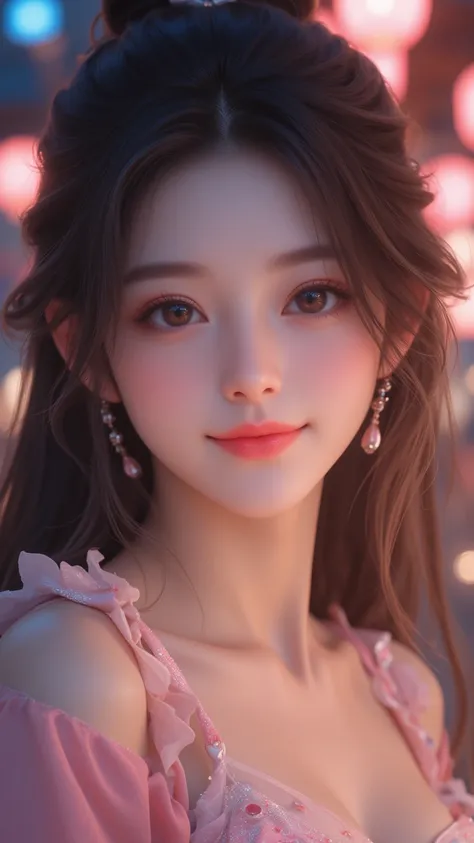 With this 8K original photo miracle ， depicts a mesmerizing Kpop idol ， with sweet “aegyo sal” features ， set in an outdoor night setting ， with floating effect and gentle glow of temple lights ， Her radiant smile and exquisite beauty are captivating Up Ya...