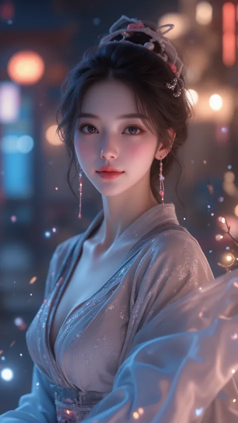 With this 8K original photo miracle ， depicts a mesmerizing Kpop idol ， with sweet “aegyo sal” features ， set in an outdoor night setting ， with floating effect and gentle glow of temple lights ， Her radiant smile and exquisite beauty are captivating Up Ya...