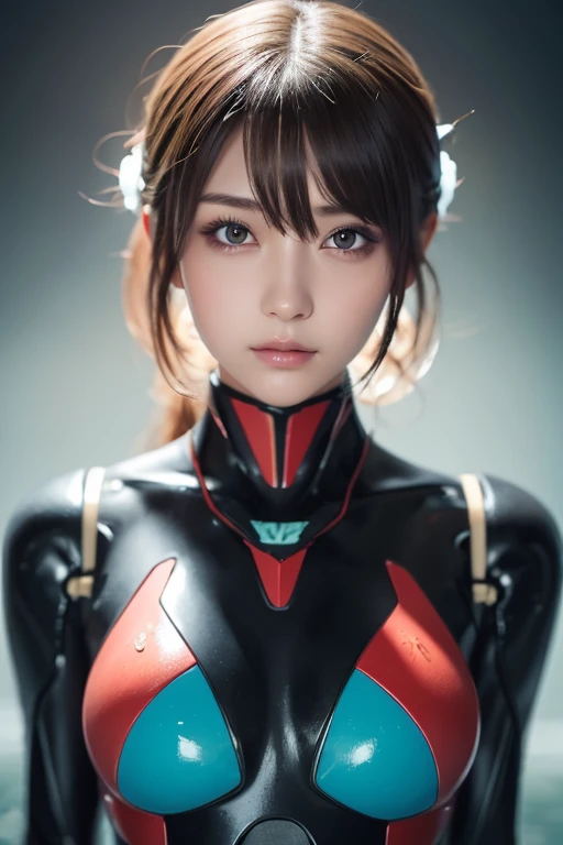 Masterpiece,  best quality ,  Ultra Details, illustration,  1 girl,  VERY DETAILED EVANGELION COSTUME, (Big Robot Background),  detailed skin texture,  beautiful detailed face,  intricate detail in wet water,  more details