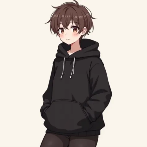 Make it more like anime this time. [Make a cute guy who is like feminineand has a cute pixie cut, doe eyes, soft smooth pale skin, pink soft lips, brown hair, wearing a black hoodie and flared black leggings, he also has thick thighs and a plump thick ass.