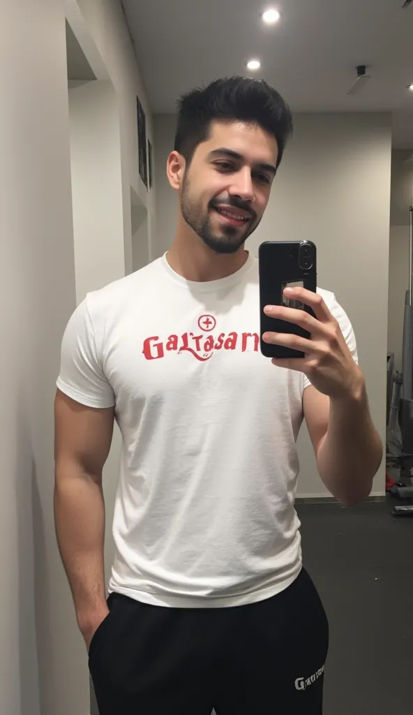 a young handsome turkish guy with muscle,  dark short hair and goatee beard amateur photo random picture he is in gym mirror selfie with a iphone 16 pro he wearing white tshirt and the tshirt says galatasaray in red and a black joggerpants and has very muc...