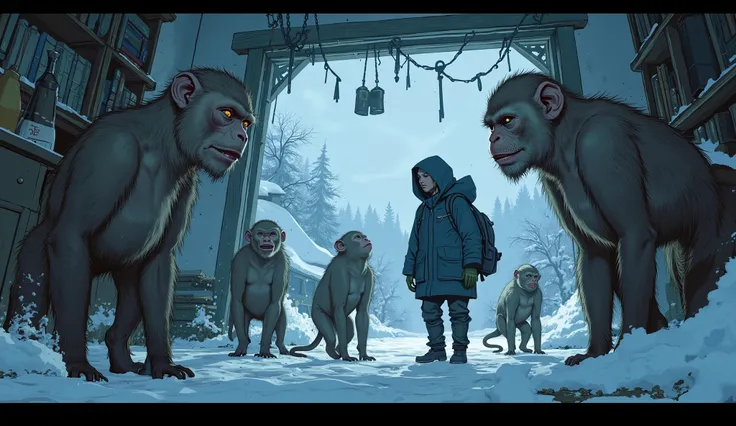  close-up of a person standing in a room with a group of monkeys,  Winter Concept Art, Ryan Yee, trending on concept art,  video game concept art , Illustration concept art, Tite Kubo,  by Jake Parker ,  movie concept art by Clément Serveau , by Android Jo...