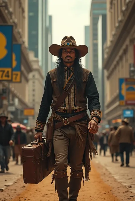  A traditional cangaceiro from the Northeastern hinterland , with adorned leather hat ,  typical clothes with embroidered details and crossed cases ,  walking firmly amidst the skyscrapers of Wall Street .  O mixes the modernity of large stock exchanges wi...