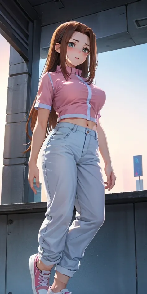   1 female,  high definition,  High resolution,    ultra-realistic    ,8K, serenidaddm  ,   long hair,   brown hair,     pink shirt  , pantalones cortos azules,   gray eyes,   big breasts,  blue sneakers  ,  big breasts,European,sexy,  upper body close-up ...