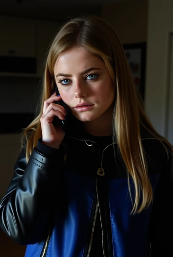 Young Girl in the picture with long straight blond hair,  black eye makeup,  wearing a blue and black leather jacket, in the setting of your house at night , With the phone in your ear and a thoughtful look