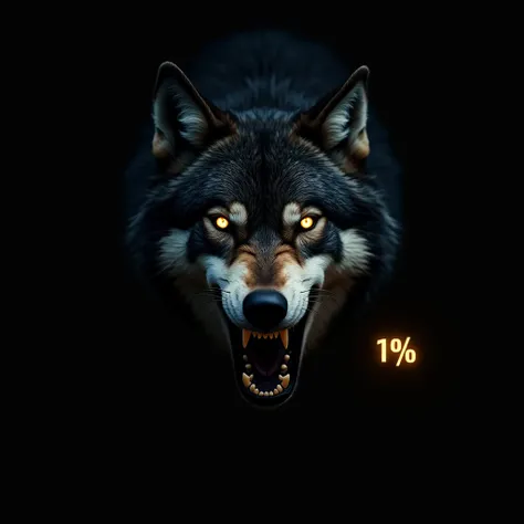 Terrifying hyper-realistic snarling wolf face emerging from absolute darkness, only partially visible, deep black and silver fur, piercing glowing golden eyes with subtle stock market reflection, sharp fangs slightly exposed, dramatic high-contrast lightin...