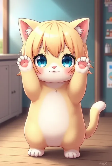        kitten、セブンイレブンの制服を着たかわいいkitten     、      stand up and raise your hands         、    cute cat on a convenience store background      、3d、            anime style、  blue eyes , exterior,     top quality  , bangs,   blonde,    close your mouth,    glit...