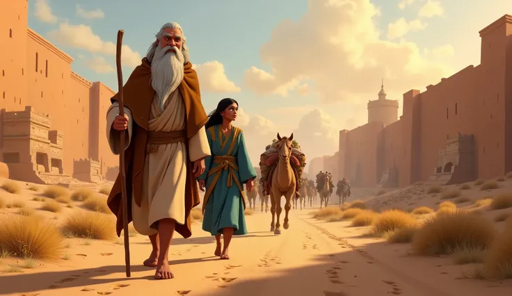  high definition image ,  Disney Pixar style. Abraham, a man of approximately 75 years old, with dark skin,  long gray beard ,  simple beige tunic with a brown cloak over .  He walks forward with a determined look , holding a wooden staff as she leads her ...