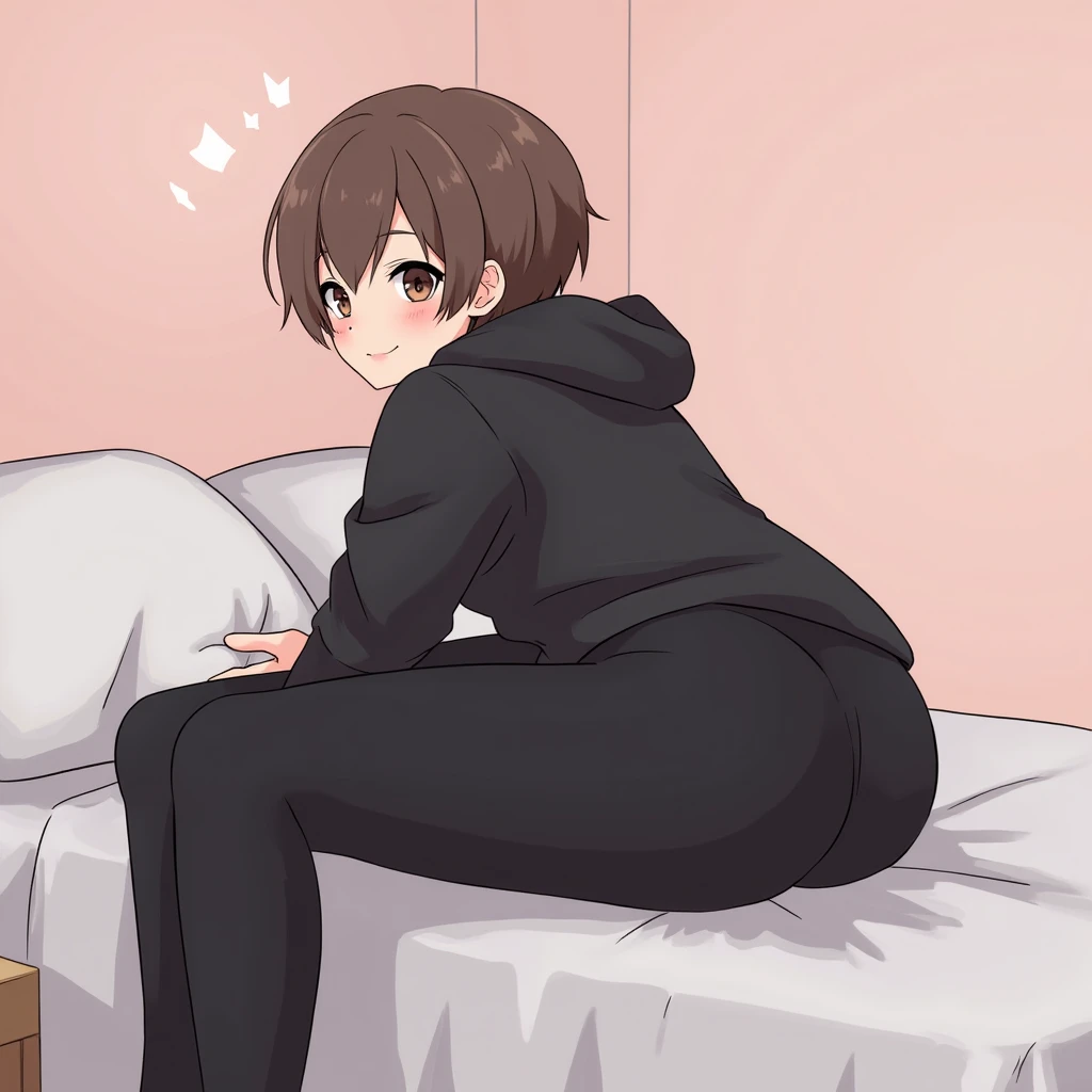 Make it more like anime this time. [Make a cute guy who is like feminineand has a cute pixie cut, doe eyes, soft smooth pale skin, pink soft lips, brown hair, wearing a black hoodie and flared black leggings, he also has thick thighs and a plump thick ass....