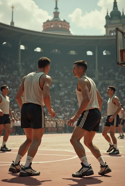  A team of players wearing tank tops and short shorts,  on an outdoor court in Berlin 1936 , with Hitler in the stands watching .
