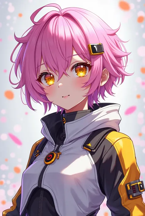 anime style. make a VOCALOID looking character with pink, shirt boyish messy hair. he has yellow eyes and pink and yellow tones on his white and black electronic-vocaloid looking outfit.