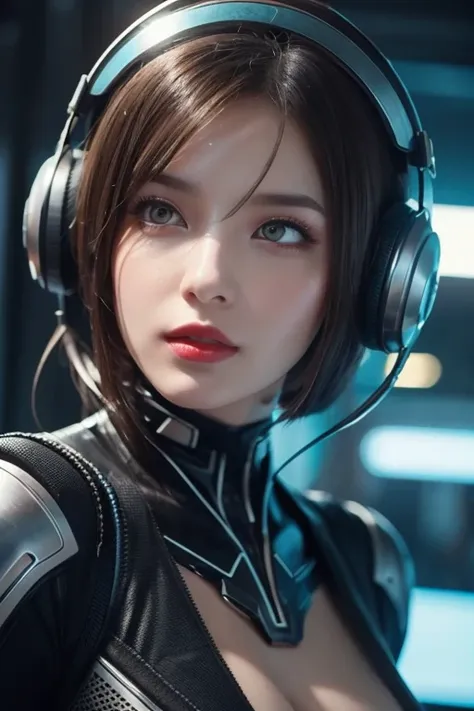  close-up of a woman wearing a futuristic helmet and red lipstick, Cyberpunk Jackie Wells, cgsociety 9,  style for stilets = Retro futuristic ,  beautiful android woman ,   female android ,  retro futuristic fashion , movie「 Blade Runner 」Still image of, F...