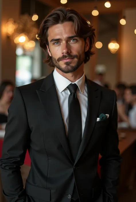   handsome and attractive young and very attractive,  with a beard and white skin  ,   blue eyes and shoulder-length brown hair, dressed in a black suit celebrating his birthday 