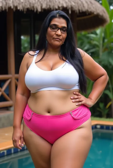 A plussize plump curvy matured villege woman in her 55s in Kerala standing infornt of the thatched house after a bath in a white tight bra and a pink tight bikini below the navel . Big thighs, a big navel,   big round breasts, wide hips, big bubble butt an...