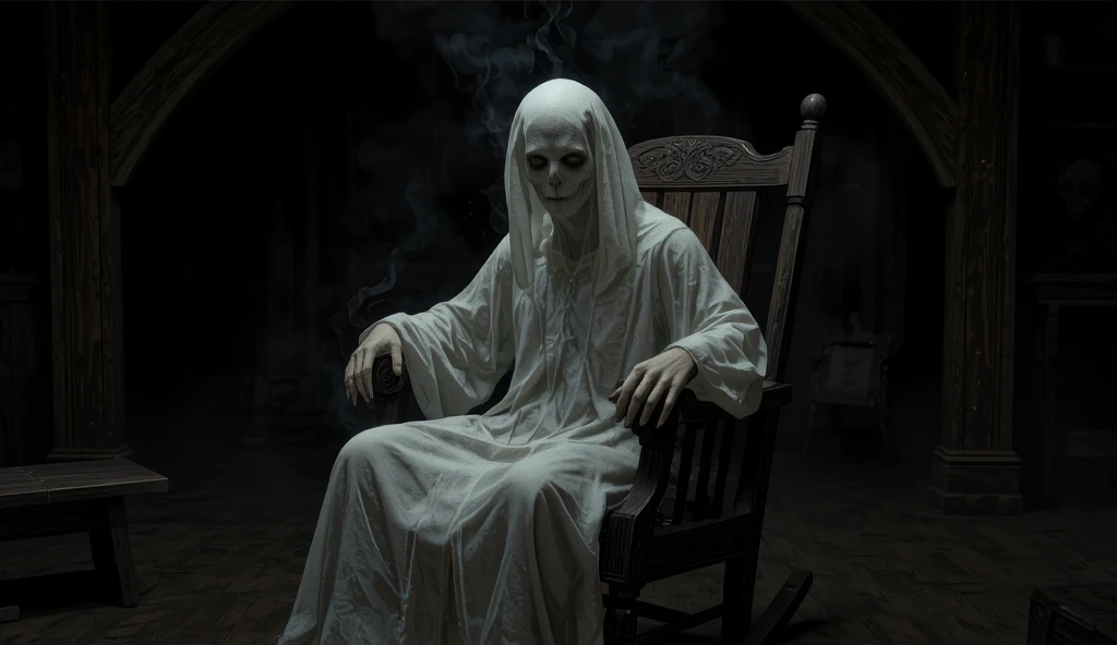 Performs the image of a spirit-possessed  sitting in an old wooden chair that looks like a rocking chair.