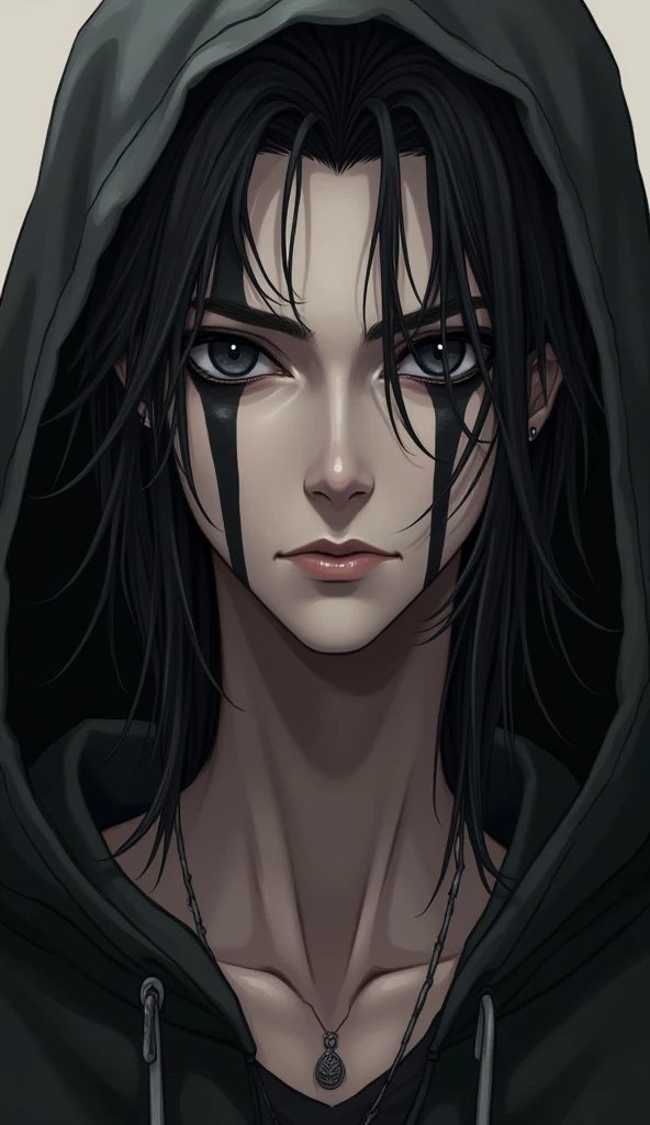 Make a man with completely black eyes,  pale skin, And two black stripes descend from the eyes to the neck, a handsome man, Put on long hair, Bring your face and hands closer to him, In the semi-realistic style , and add a hoodie 