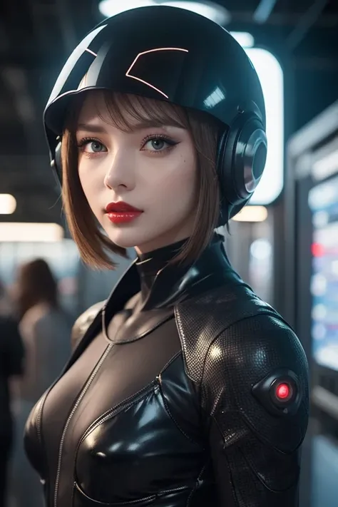  close-up of a woman wearing a futuristic helmet and red lipstick, Cyberpunk Jackie Wells, cgsociety 9,  style for stilets = Retro futuristic ,  beautiful android woman ,   female android ,  retro futuristic fashion , movie「 Blade Runner 」Still image of, F...