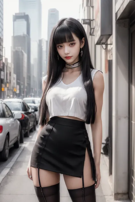 ( high garter black socks :1.5),( open legs :1.5), Ultra high resolution 、((( blunt fringe, Princess Bang ))), (((very heavy,Voluminous bangs:1.1))),(((very length, very heavy, very bulky side locks :1.1))),, princess cut,  straight bangs hair style, Round...