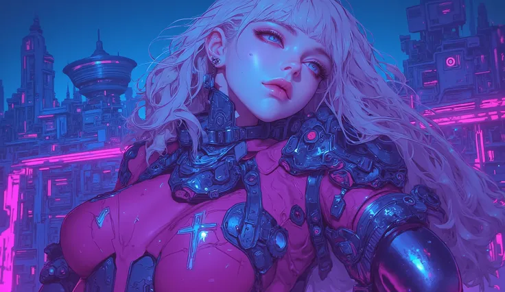  top quality　Ultra delicate　 Japanese Anime Anime　A cute girl alone　　Strong shadows 　Pink light　blue-purple scenery 　 strong contrast 　 cyberpunk 　 white skin　 green eyes　Big Breasts