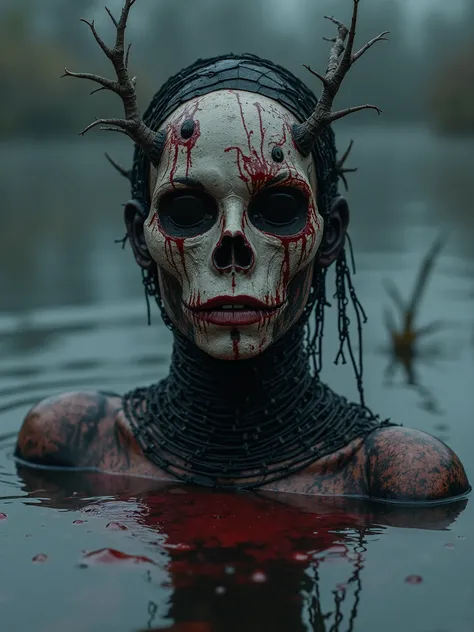 Beautiful Female cosmic entity  bone crown,l,half skull half beautiful female Face,barb wire wrapped around arms,spilled with red and black fluid,dark makeup,dark surrealism,dark realistic photography, dark occult art,melancholic dark art, surreal dark art...