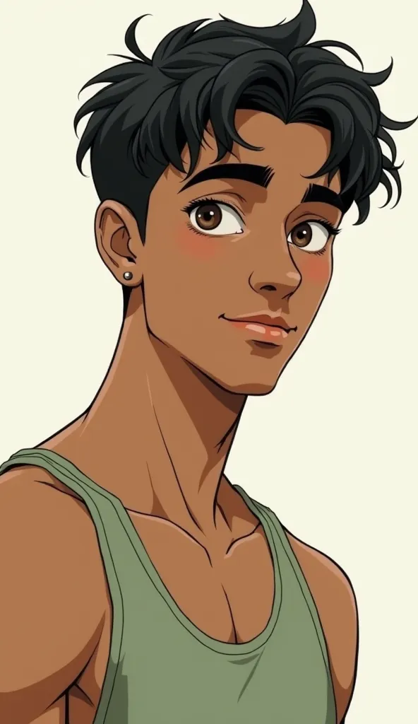 Realistic color drawing. An exceptionally tall olive-skinned eighteen-year-old guy with a smooth, attractive face, wavy black hair, brown eyes, thick eyebrows, long eyelashes. He has broad, muscular shoulders and arms and a well-developed torso. He wears a...