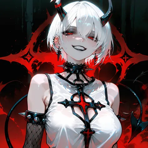 1girl, short hair, white hair, red eyes, white tunic with black lines and gold trim, cross cutout in the chest, large breasts, sleeveless, yellow detached horns, ((black lips)), spiked bracelets, spiked choker, earrings, spiked ornament on one horn, fishne...