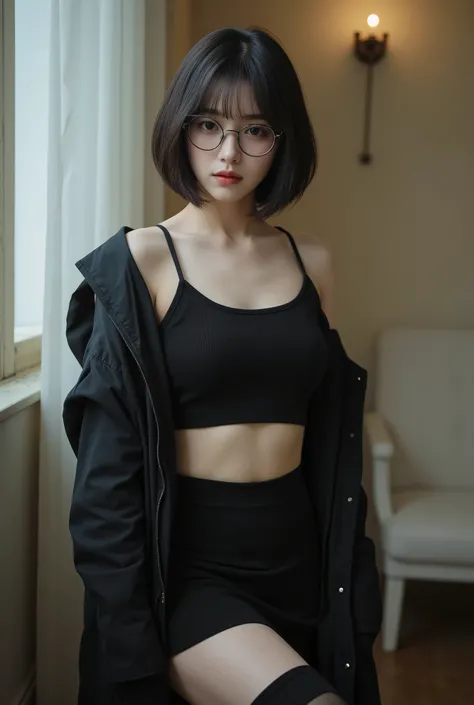 A 19-year-old woman from Korea with short bob hair, makeup similar to a manhwa character with sharp eyeliners wearing glasses and disgusting expression. Her face appears realistic and well-proportioned, with expressive eyes and soft features. She is dress ...