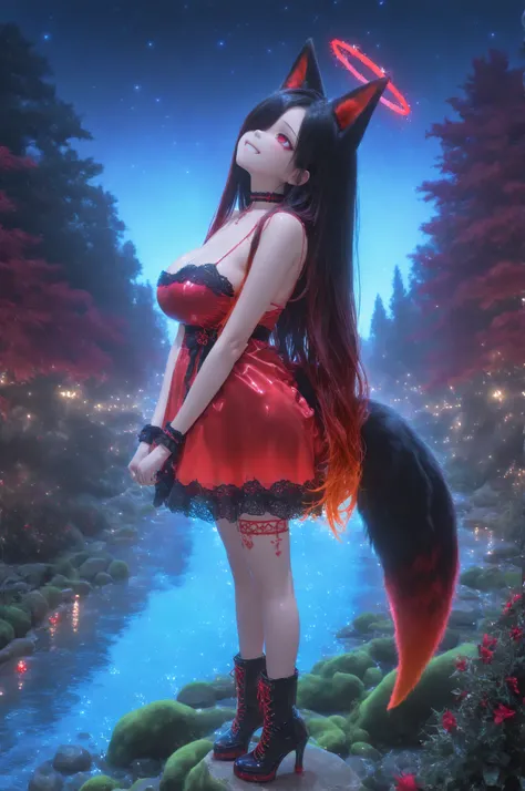 1girl, Kuroki Monika, red eyes, gradient hair, black hair, red hair, long hair, asymmetrical hairline, hair over right eye, ((large breasts)), loli, very cute, lovely, fox girl, red spiky halo, black fox ears, red inner fox ears, black fox tail, ((red tip ...