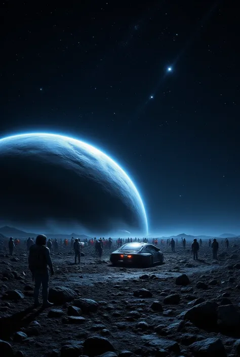 Masterpiece, Ultra HD, Attention to detail, High quality, High resolution, Top quality, Unknown planet, Cinematic style, Many people in space suits, Spaceship, Small robots, Night, Stars and galaxies in the sky