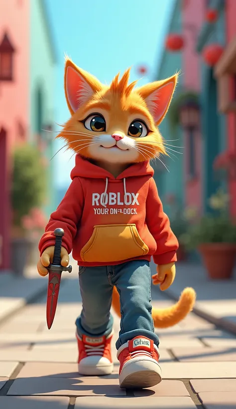 kucing Roblox, Dress with writing "Roblox",  holding a toy sword is walking casually