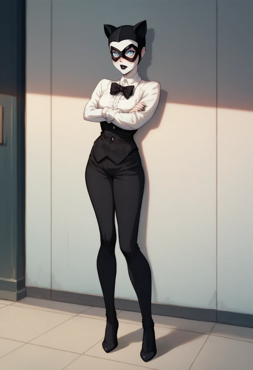 1 girl, buffoon hat , black mask,  pale white skin , black lips, white collar, , blue eyes without pupils, presumed, blush, Standing, posing, retrato,  full body, 