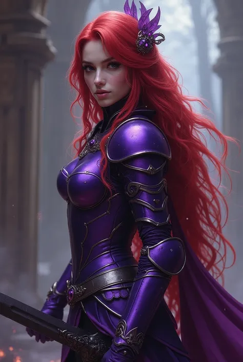 a woman in a purple outfit with long red hair and a sword, wearing witchblade armor, purple armor, wearing dark purple armor, armor girl, in opal armor, knights of zodiac girl, sleek purple armor, clothed in battle armor, wearing armor!!, scandelous fantas...