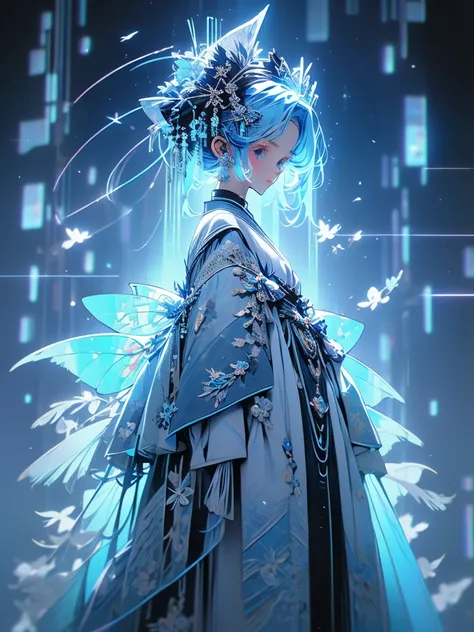   BEST DETAILS、   girl，，Blink，    Best quality   ， milky white and blue gradation hair color、Wear a colorful and cute gothic kimono costume   ,  Star Fairy ,Wear a colorful and cute gothic kimono costume    with little fairy feathers growing from above you...