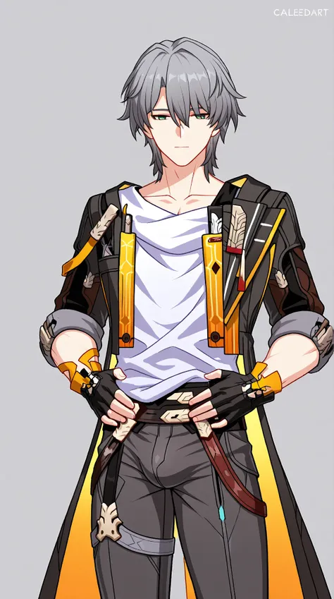 18dart3,  ASCII high detail ,  honkai star rail, Caleus  ,  in full height, hands on waist, 1 man,  short hair ,   bulge in pants 