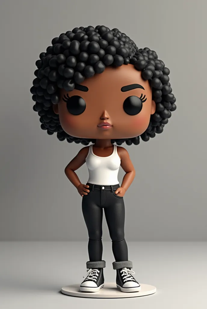  Create a Funko Pop one inside the box and the same one outside the box with the following characteristics:  pele negra,  black hair, short and curly, slim physique with curves ,  wearing black jeans white tank t-shirt women's black sneakers.  The Funko Po...