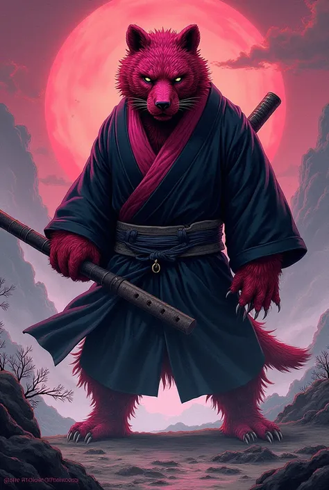 Comic: yōkai hybrid with the characteristics of a magenta black bear and red panther. They wear a black kimono and wield a naginata and small dagger.