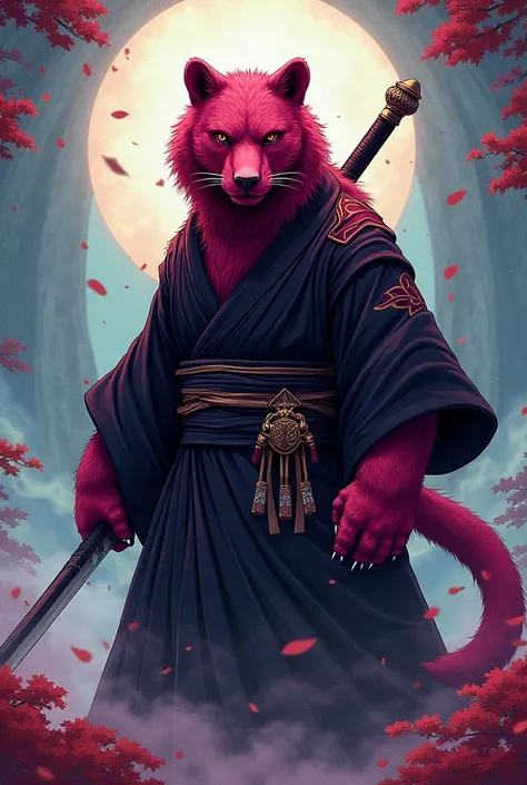 Comic: yōkai hybrid with the characteristics of a magenta black bear and red panther. They wear a black kimono and wield a naginata and small dagger.